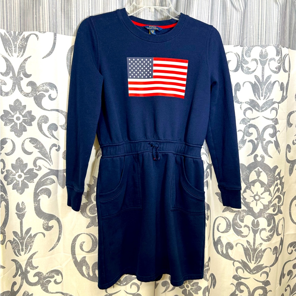 EUC Polo by Ralph Lauren Kid's Navy Dress with Flag Design Size XL/16